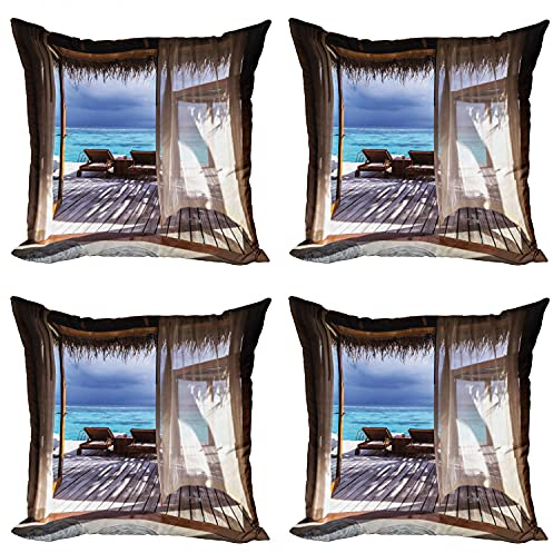 Lunarable Coastal Decorative Throw Pillow Case Pack of 4, Romantic Wooden Bungalow on The Water Deckchairs Maldives Beach Summer Relax, Cushion Cover for Couch Living Room Car, 18, Brown Aqua Blue