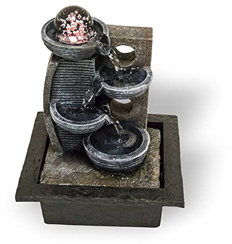 Zimmerbrunnen mit Stufen | LED-Beleuchtung | Tischbrunnen mit Wasserfall | dekorativer Zierbrunnen in Felsenoptik | Zen Wohlfühlbrunnen für Zuhause | Wasserbrunnen mit beweglicher Glaskugel
