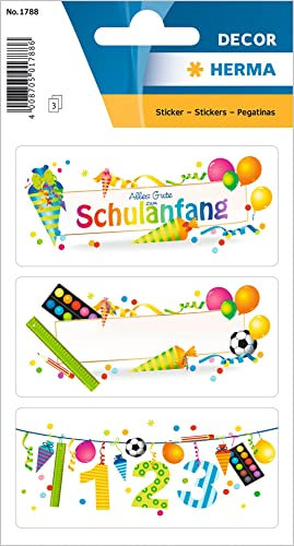 HERMA 1788 Aufkleber Schulanfang klein groß, 9 Stück, Schule Sticker mit Schultüte Schulsachen Luftballons Motiv, Kinder Etiketten für Schulstart Schulheft Fotoalbum Tagebuch Poesiealbum Dekoration