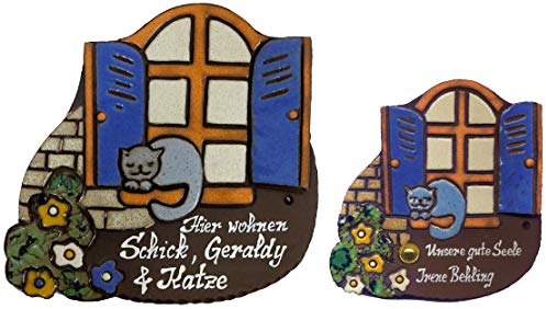 Katze am Fenster-Haus-Keramikschild-Türschild-Klingelschild-Namensschild-200 x 200 mm-Schild-Relief von Hand gefertigt-Incl. Beschriftung-Mit, oder ohne Klingel (6934 ohne Klingel)