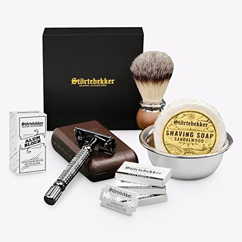 Störtebekker® Premium Rasierhobel Set für Herren im handgefertigten Lederetui - mit Rasierpinsel, Rasierschale Edelstahl, Rasierseife, Alaunstein und Rasierklingen - Rasierset/Bartpflege Set Männer