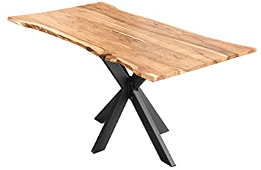 SAM Esszimmertisch 180x90cm Lyon, echte Baumkante, Akazienholz naturfarben, massiver Baumkantentisch mit Spider-Gestell Mattschwarz, Esstisch im Industrial-Design