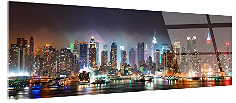 DECLINA, tableau panorama New York by Night, tableau décoratif moderne, impression sur verre acrylique, décoration murale nocturne, photo skyline illuminé, art urbain, cadre mural design