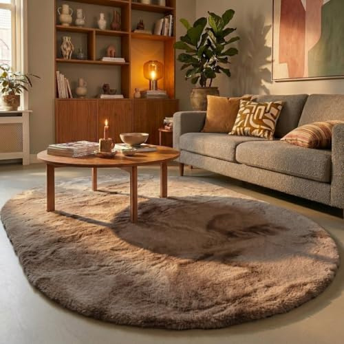 Hochflor Teppich Oval - Comfy Supreme Taupe - 205x305 cm | Einfarbig - Industrielle, Ländlich, Modern, Skandinavisch - Wohnzimmer, Schlafzimmer - Fellteppich