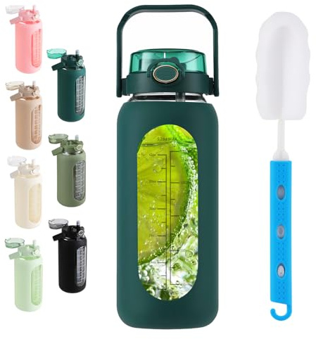 Glas-Wasserflasche mit Strohhalm und Griffdeckel, 1,5 l, motivierende Glasflasche mit Silikonhülle und Zeitmarkierung, groß, wiederverwendbar, Sport-Wasserkrug für Fitnessstudio, Zuhause, Workout