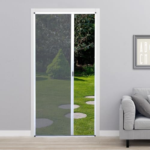 MaKefeile No-Drilling Retractable Screen Door, Folding Sliding Screen Doors with Aluminum Frame for Patio French Front Door Bedroom kitchen, Custom Screen for Single/Double Door, Customize Size, White