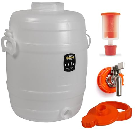 Lebensmittelechtes Speidel Getränkefass Mostfass Gärfass (30 Liter rund mit Messinghahn und Gärspund)