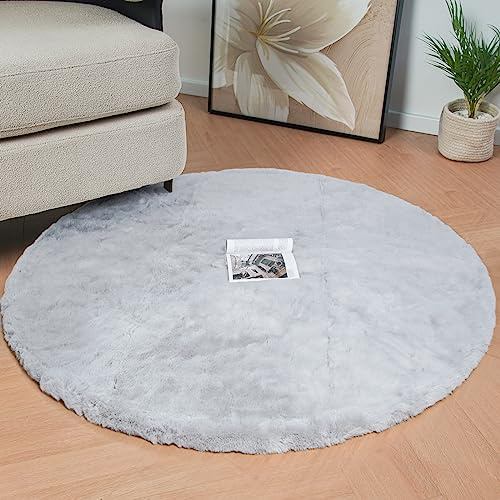 ORINOVA Runder Teppich Schlafzimmer Grau 120 cm Flauschiger Kunstfell Teppich Wohnzimmer Kinderzimmer Weich Waschbar