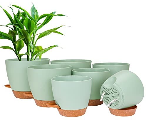 CSYY Plant Pots Indoor, 7Pack Plastic Plant Pots 20.3/19/17.7/16.5/15.2/14/12.7cm, Flower Pots Outdoor Self Watering Plant Pot with Drainage Holes Tray, Plastic Planter for Garden House Plants(Green)