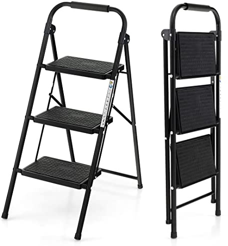 GiantexUK Folding 2/3 Step Ladder, Metal Stepladder with Anti-Slip Pedal, Locking Device and Triangle Structure, Portable Safety Ladder Stool, 265kg Weight Capacity(3 Step)