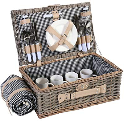 Mendler Picknickkorb-Set HWC-B24AM für 4 Personen, Weiden-Korb, Porzellan Edelstahl - schwarz-weiß