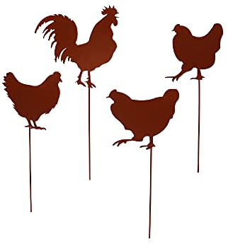 UNUS Garden galline e galletti da giardino, set da 4 pezzi, decorazione da giardino, effetto ruggine, spina in metallo arrugginito, decorazione per giardino, terrazza, balcone, vaso da fiori