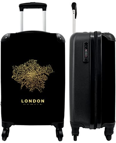 NoBoringSuitcases.com® Valise Chariot à Bagages à Main Londres - Plan de Ville - Cartes - Or - Carte Bagage Cabine imprimé 55x35x25 cm Valise de Voyage - Trolley