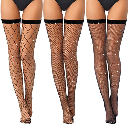 SATINIOR 3 Paia Calze Autoreggenti da Donna Nere Elastiche Calze Sopra il Ginocchio a Rete con Strass Collant con Diamanti