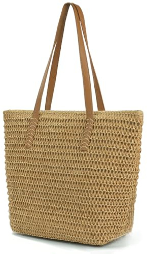 Straw Beach Bag for Women, Summer Straw Tote Shoulder Bag, Reusable Boho Casual Travel Holiday Handbag with Zipper Handles for Beach Vacation Outdoor Work Shopping Daily Use (Brown)