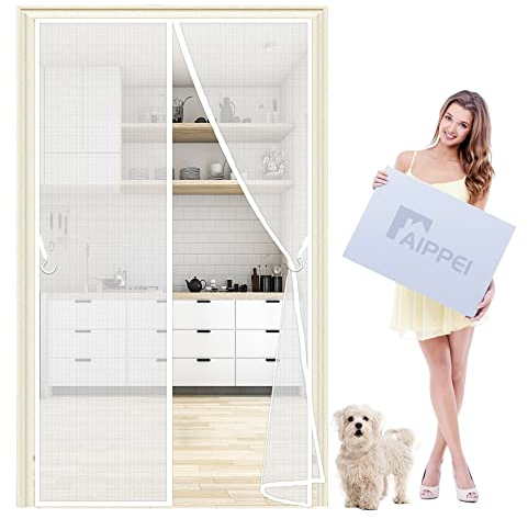 Magnetvorhang Türvorhang Schutzgitter, 115x260 cm Insektenschutz Balkontür mit Magnetband, Fliegengitter ohne Bohren, Insektenschutz Vorhang, Weiß P