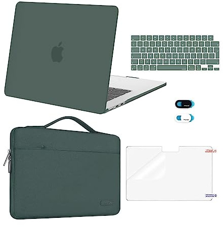 MOSISO Funda Compatible con MacBook Air 15 Pulgadas M5 M4 M3 M2 2026 2025-2023 A3448 A3241 A3114 A2941, Plástico Carcasa&Bolsa Manga&Tapa Teclado&Pantalla Protector&Cubierta Webcam,Verde Emérita
