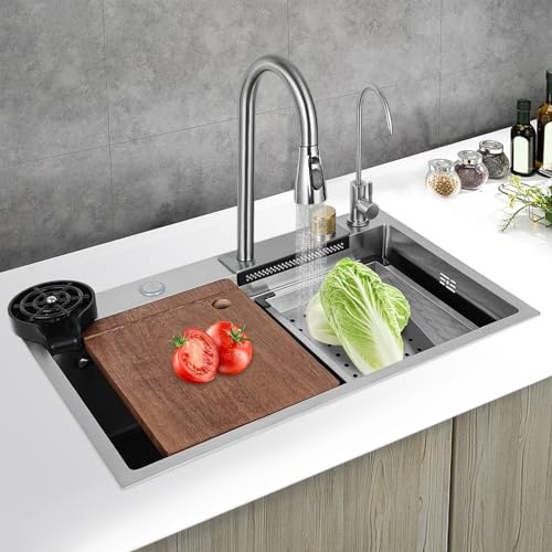 Rostfritt stål kök diskho vattenfall bardiskho ett handfat hushållshandfat modern integrerad diskbänk med utdragbar kran skärbräda och kopptvättmaskin rektangulär silver 75 x 45 x 21 cm