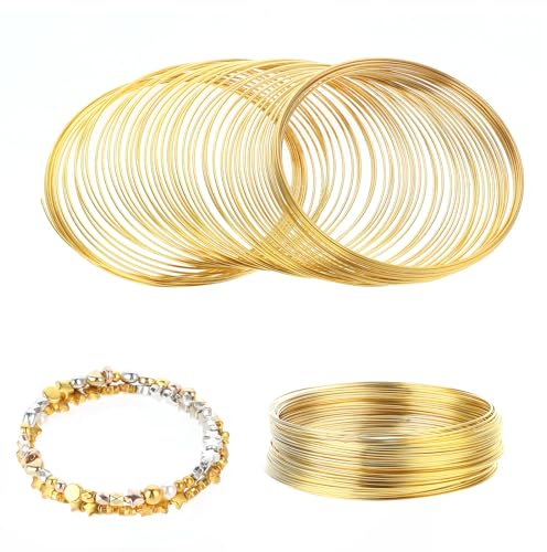 Jeffdad 100-Schleife Armband Memory Wire, 6 cm Metallringe zum Basteln Beading Draht Armbanddraht für Draht DIY Schmuckdraht Set Memory Steel Wire Für Armbandherstellung Handwerk Zubehör Deko(Gold)