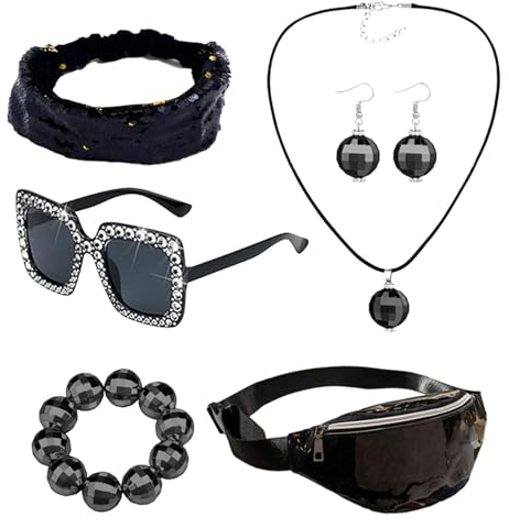 Discokugeln Ohrringe Halskette Armband, 70er Jahre Disco Stirnband Discokugel Armband Ohrringe Hüfttasche - 70er-Jahre-Disco-Outfit-Zubehör,6 Teile/satz 60er 70er Tanzparty-Kostümzubehör für Disco-Par
