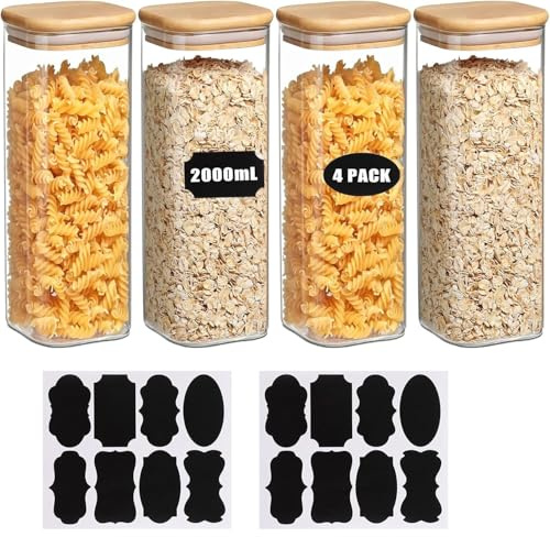 LOPYXBR Lot de 4 bocaux de conservation rectangulaires avec couvercle, 2 l, avec couvercle en bois, étiquettes et stylo pour pâtes, cornflakes, spaghetti, grains de café