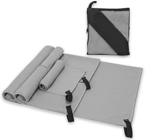 Alyvisun Groß Mikrofaser Handtuch 4 Stück, Kompakt & Ultraleicht Reisehandtuch Schnelltrocknend Gym & Fitness Handtuch in 3 Größen für Yoga, Sauna, Strand & Camping - Grau