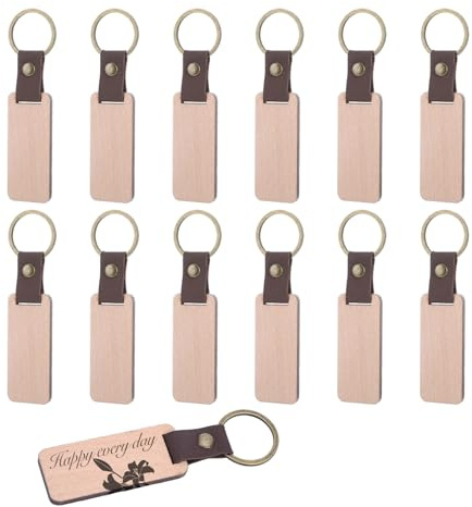 LongHoneySong Schlüsselanhänger personalisiert aus Holz & Leder – 12er Set Rohlinge | Laser-geeignet, zum Selbst Gestalten, DIY Geschenk