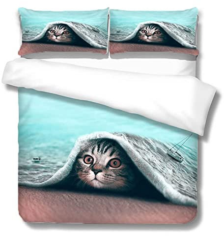 CHCHNXY Bettwäsche 200x200,Katze 3 Teilig Weich Und Atmungsaktiv Bettwäsche-Set,Für Jugendliche Erwachsene 1 Bettbezüge Mit Reißverschluss Und 2 Kissenbezug 80x80cm