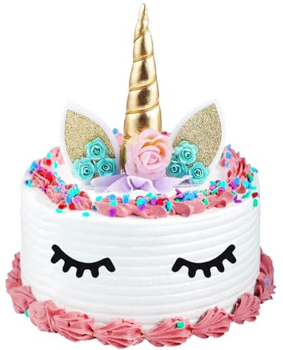 LUKIUP Pack of 4 Unicorn Cake Decorations, 3D Gold Unicorn Cake Topper, Unicorn Cake Decoration, Unicorn Cute Eyelashes and Cake Base Cake Decoration for Party Supplies Birthday Wedding Christmas