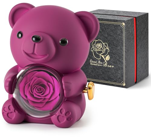 Ariceleo Romantic Teddy Bear with Preserved Rose - Hidden Jewelry Box and Heart-Shaped Necklace - Unique Gift for Her - Valentine's Day, Mother's Day, Weddings, Anniversaries, Bridal Showers (Purple)