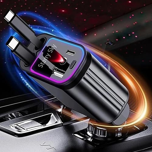 ALIANSHENG 4 in 1 Retractable Car Charger with Starry Sky Light,180°