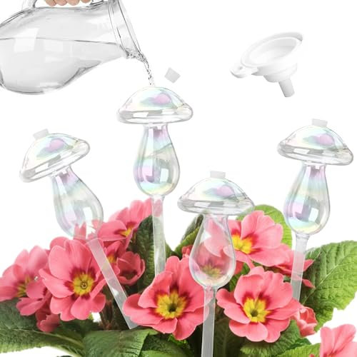 Rodison Plant Watering Devices, Iridescent Mushroom Self-Watering Plant Spikes with Stoppers & Funnels, 4pcs Plant Watering Globes for Indoor & Outdoor Plants