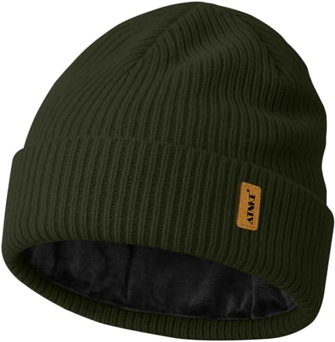 ATNKE Unisex stickad mössa mössa, stretchig tjock varm fleecefoder vardag vinter mjuk ullslag dött huvud keps gåvor för män, pappa och dam, Mörk armé grön, One size