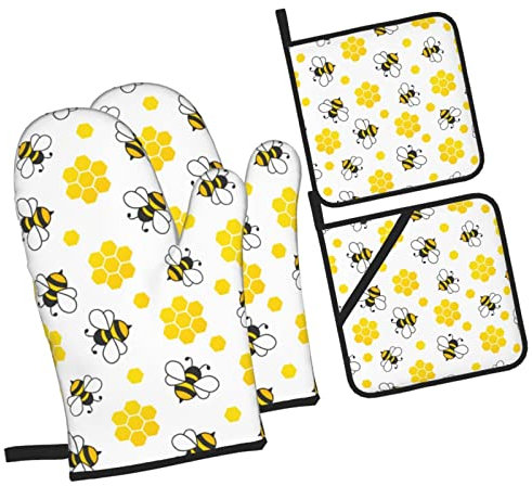4 Pezzi Presine E Guanti Da Barbecue Farmhouse Bee Guanti Termoisolanti Resistente Al Calore Ultra Spessi Cucina Guanti Per Griglia, Barbecue, Cottura Al Forno