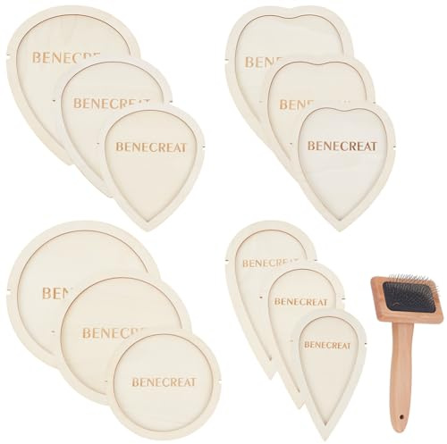 BENECREAT - Juego de 13 moldes de corte de hojas de macramos, diseño de hoja de madera para macramos, 12 piezas, 4 estilos de moldes de corte y 1 peines de acero inoxidable para la fabricación