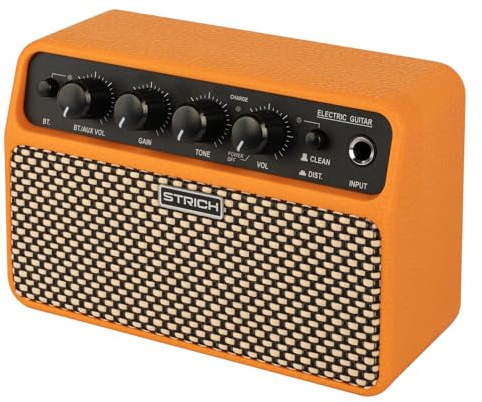 STRICH DSP Mini-Übungsverstärker für E-Gitarre, 2 x 5 W Dual-Lautsprecher-Desktop-Verstärker mit Reinigung/Verzerrung, 3–4 Stunden Akku, 3,5 mm Kopfhöreranschluss, kabellos, tragbar, für Indoor-Übung