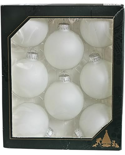 Lauschaer Christbaumschmuck - 8er Set Kugeln, Weihnachtsbaumkugeln Lauscha, Tannenbaumkugeln, Christbaumkugeln,Glas Kugeln aus Lauscha, schneeweiß, mit silbernen Krönchen, 7cm.