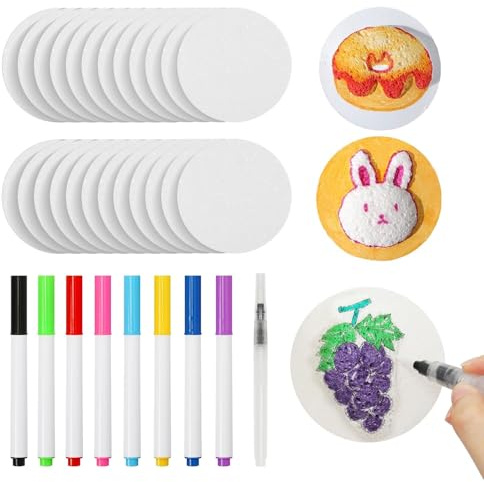 FrostyFlair Magic Puffy Paint Kit, 3D Schaumstoff Malset mit 24 Stück 4-Zoll-Schaumstrukturpapiere, 8 Farbmarker, 1 Wasserpinsel, Magisches Puffy Paint für Schaumtextur Malerei