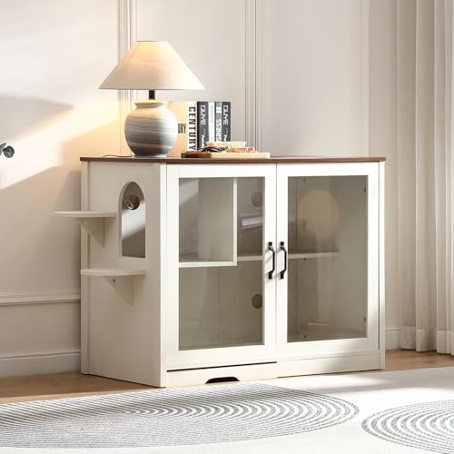 FOREST GRAVITY Katzenschrank Katzentoilette Groß Katzenklo Schrank Large Cat Litter Box Furniture Modern 125.5 * 83 * 60 cm Katzenhaus mit Tür und Separater Trennwand Antikes Weiß
