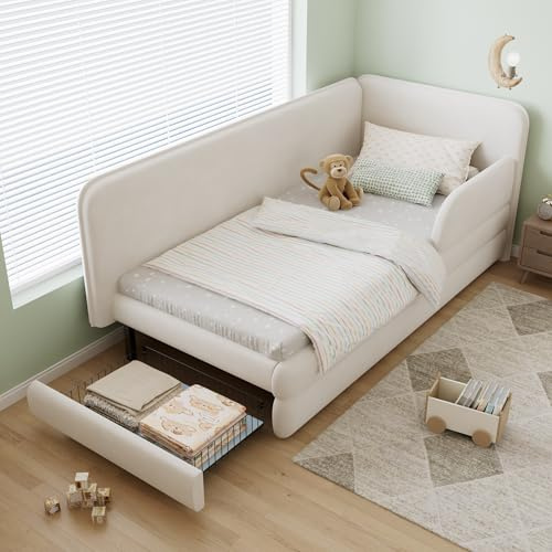 Miyemo Single Bed Frame with Storage Drawers, 3ft Upholstered Bed Frame for Kids & Seniors, with Side Rails on the Bed, Velvet + Plywood, 90x190cm, Beige, (No Mattress)