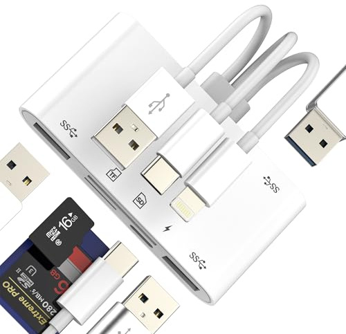SD Card Reader USB Adapter for iPhone 17 16 15 14 Pro Max Compatible with Samsung USB C Micro SD Memory Stick Digital Camera (6in3)Lightning for iPad for Apple Multi OTG Flash 3.0 External Laptop Slot