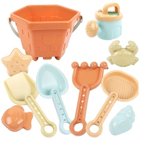 Jouets de Plage pour Enfants Jouets de Sable avec Seau Pliable, Moules à Sable, Râteau, Pelle et Sac Plage Kit Jeu Enfant avec Seau Pliable Enfants,Jouet Bac à Bulldozer, Véhicules Pelle Rateau Jeux