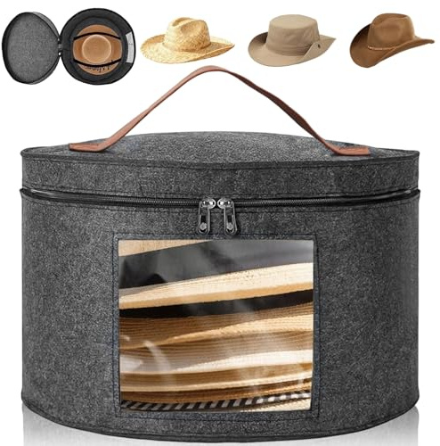 Hat Boxes with Lids & Carry Handle & Transparent Window & Zip, 43x26cm Foldable Felt Round Hats Storage Box, Dark Gray Soft Baseball Cap Organizer for Wardrobe Organization Storing Clothes Toys Travel