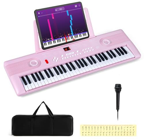 COSTWAY 61 Key Keyboard Piano, Portable Digital Piano with Microphone, Keynote Stickers, Carrying Case, Electric Piano for Beginners (Pink)
