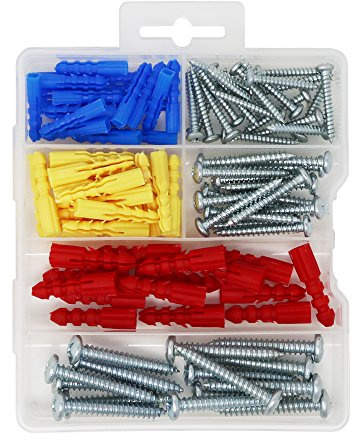 T.K.Excellent Plastic Self Drilling Drywall Ribbed Anchors with Screws Assortment Kit,100 Pieces