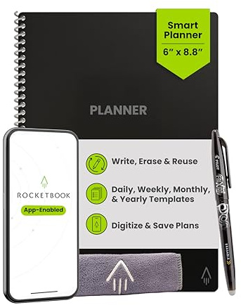 Rocketbook Panda Planer – Wiederverwendbarer Täglicher, Wöchentlicher, Monatlicher Planer mit 1 Pilot Frixion Stift und 1 Mikrofasertuch Enthalten – Schwarzer Einband A5