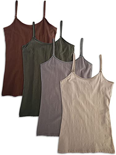 Kalon Women's 4-Pack Shelf Bra Tank Top Camisole Classic Spaghetti Strap (Medium, Earth)