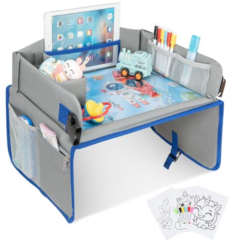 Insat Kinder Reisetisch - Knietablett, Snack Tablett - Tablet-Unterstützung - Faltbarer Organizer - Spaß Design - Multifunktional und Faltbar - Inklusive Malblätter & 6 Stifte