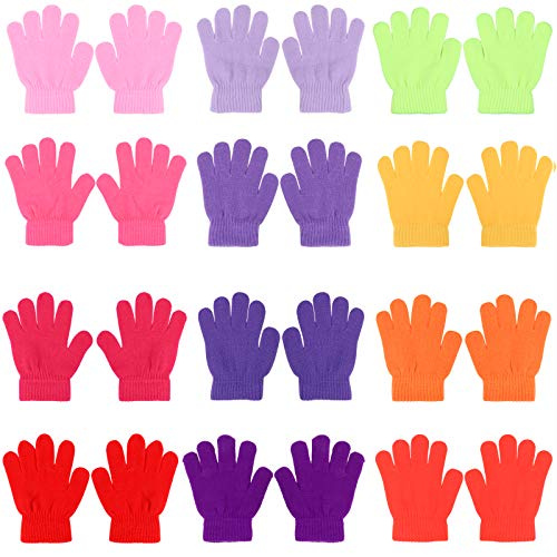 QKURT 12 par magiska handskar för barn, vinter tonade färger termiska barn stretch hela fingrar handskar för pendling lek löpning, Flerfärgad, L length 16.5cm 6~10 years