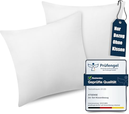 ATsense 2er Set Kissenbezug 40x40 cm - 100% Gewaschene Baumwolle, Weiß Kopfkissenbezug mit Reißverschluss, Oeko-TEX Zertifiziert Weich, Nicht Lleicht Verformbar